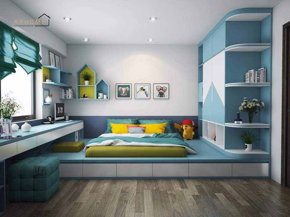 Giường ngủ trẻ em tích hợp với bàn học và tủ quần áo