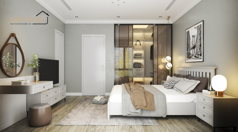 Giường ngủ phong cách đương đại có tone màu trắng sáng