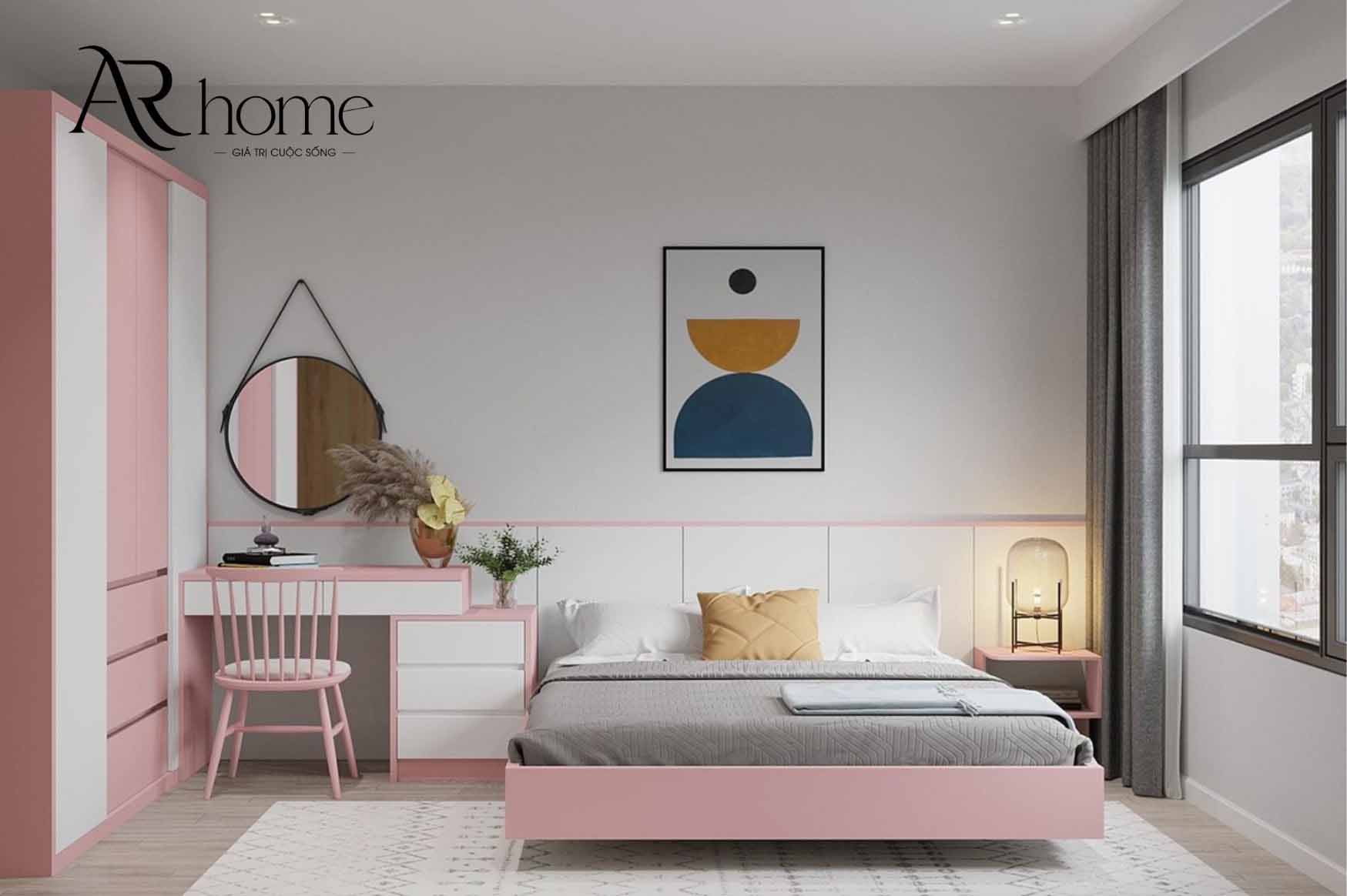 Giường tầng màu trắng kết hợp với màu hồng cho bé