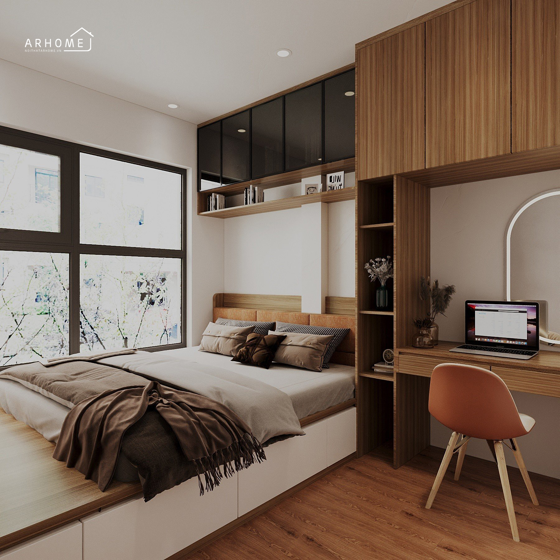 Mẫu giường ngủ hiện đại kết hợp bàn học, bàn làm việc