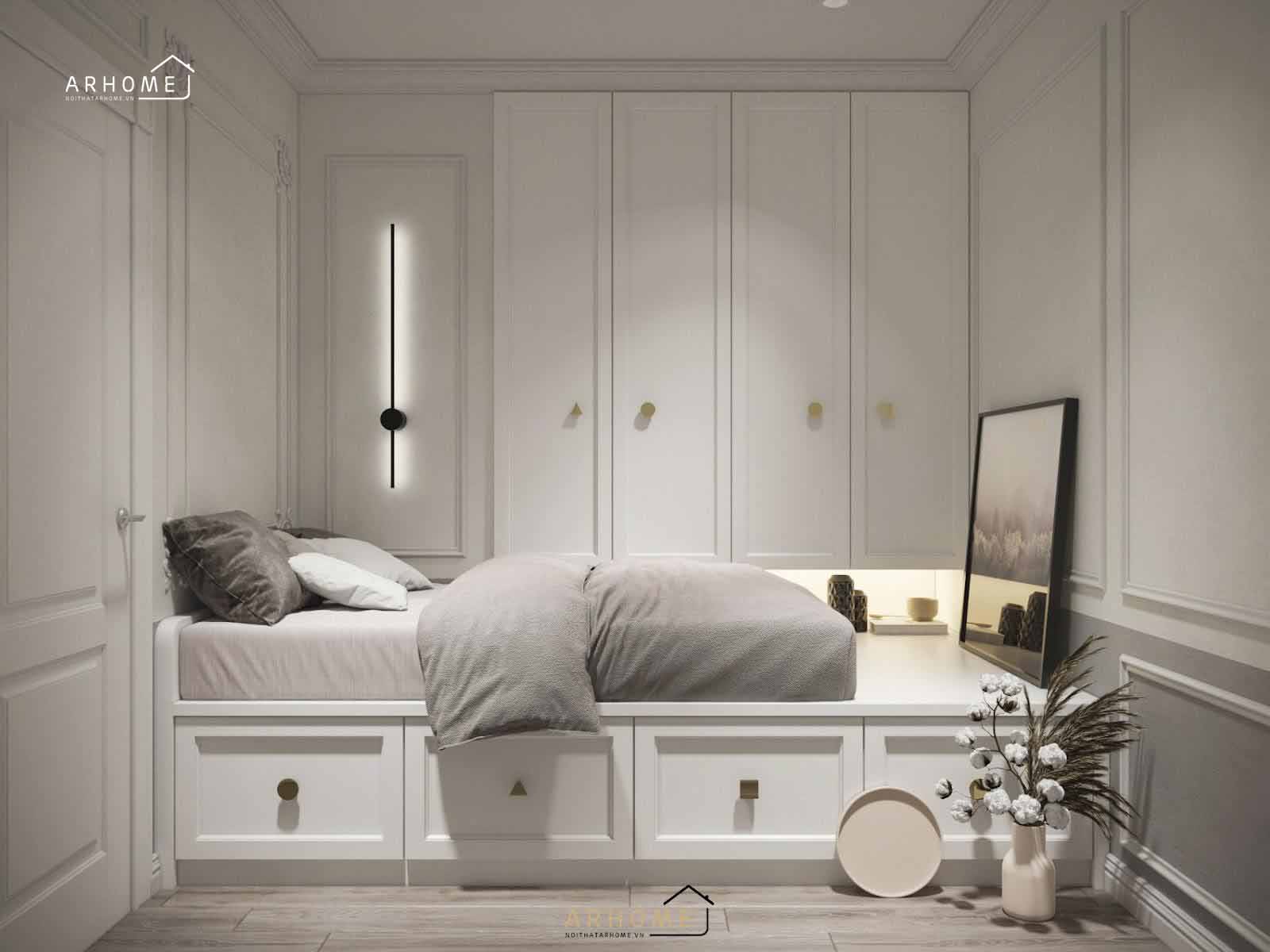 Mẫu giường ngủ màu trắng có ngăn kéo thông minh