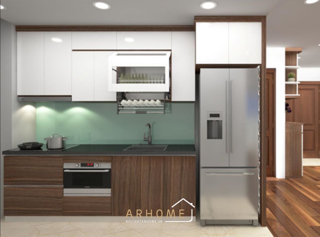 Tủ bếp gỗ công nghiệp phủ Acrylic hình chữ I 