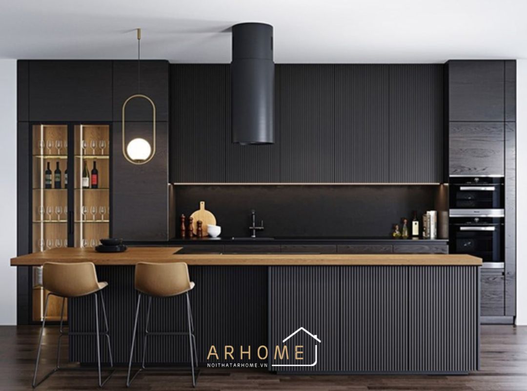 Tủ bếp gỗ công nghiệp phủ Acrylic kết hợp đảo bếp