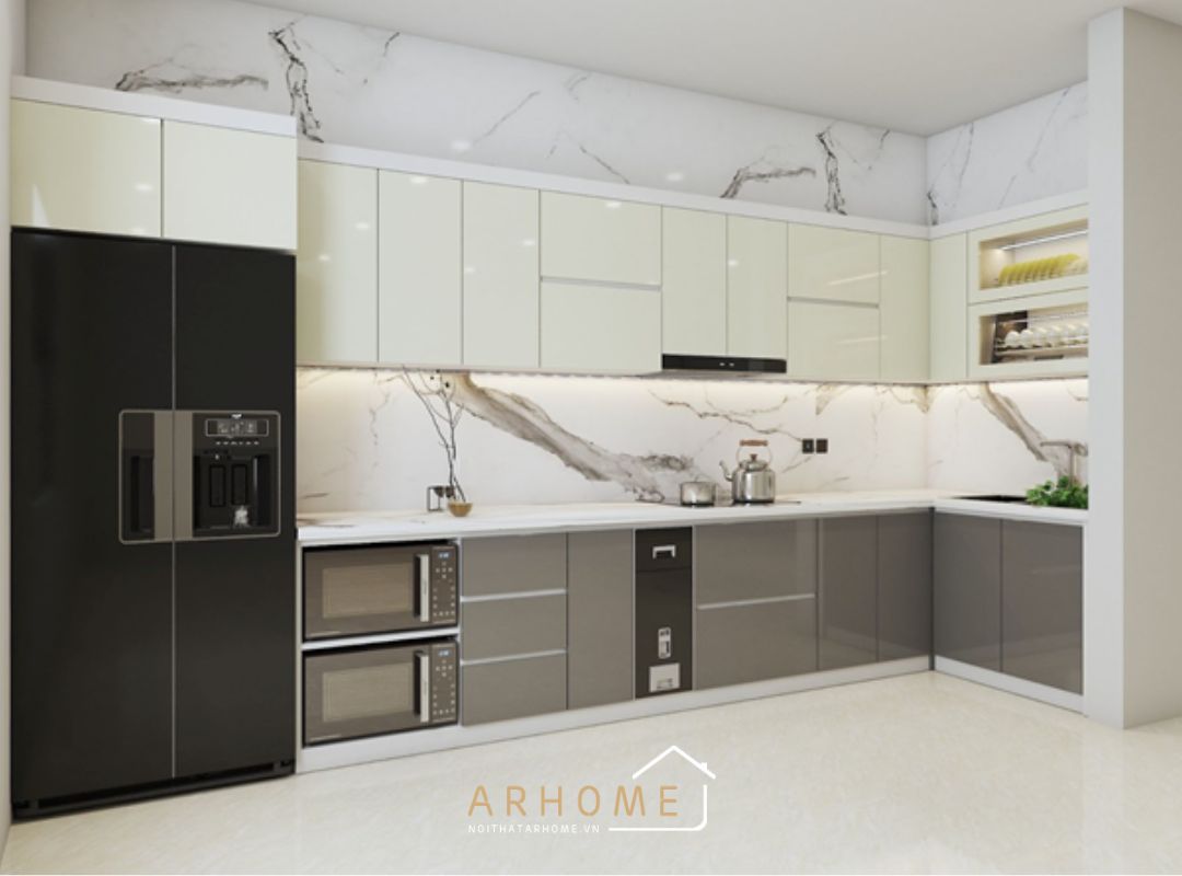 Tủ bếp nhựa Picomat cánh phủ Acrylic chữ L hiện đại
