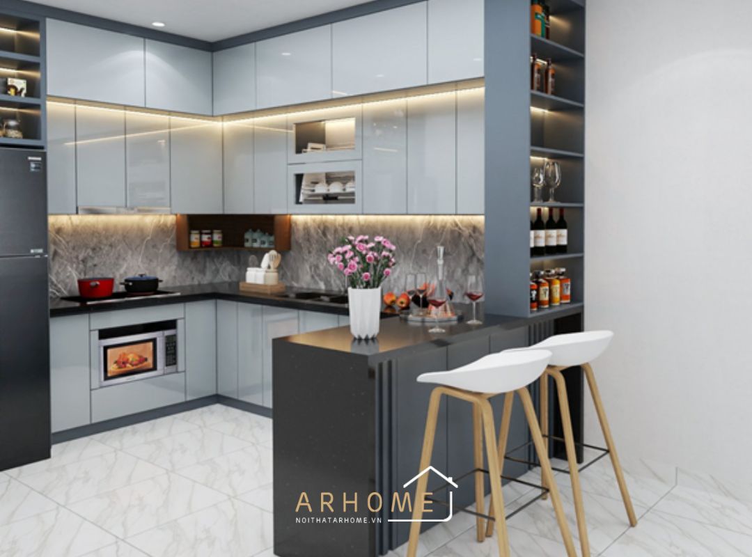 Tủ bếp nhựa Picomat cánh phủ Acrylic kết hợp quầy bar